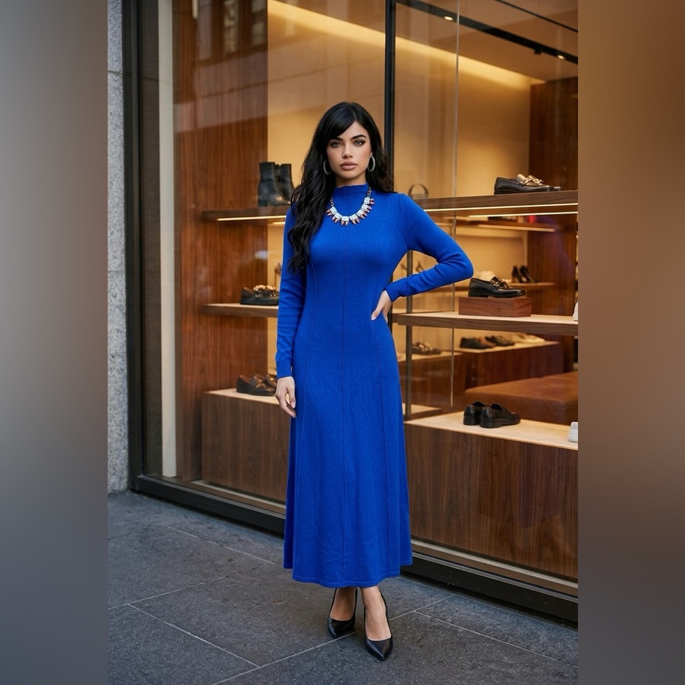 Hugo Boss Royal Blue Long-Sleeve wool Maxi Dress